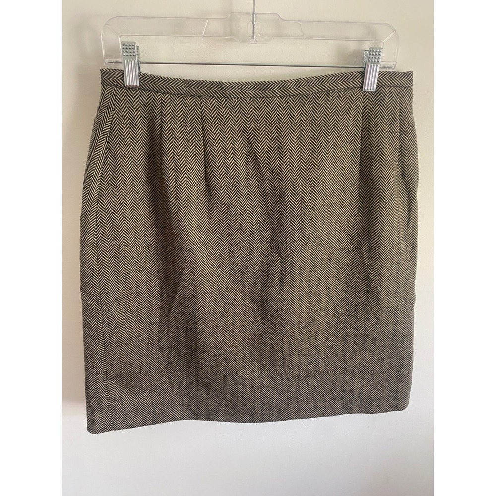 Harve Benard Wool Herringbone Pencil Skirt Tan Black Vintage 90s Size 10